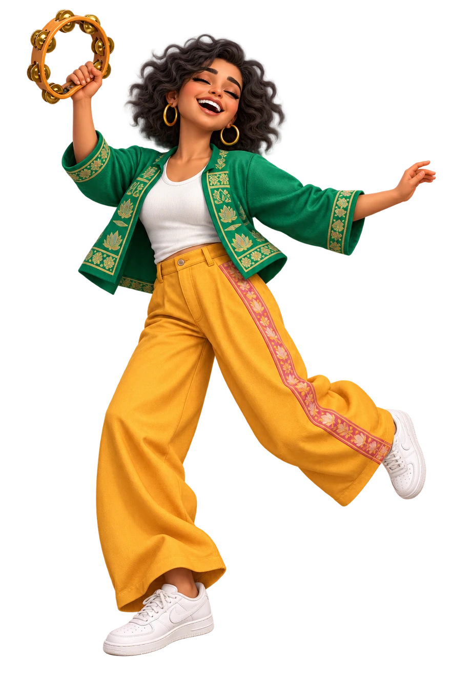 Freedom: a joyful character dancing with a raised tambourine.