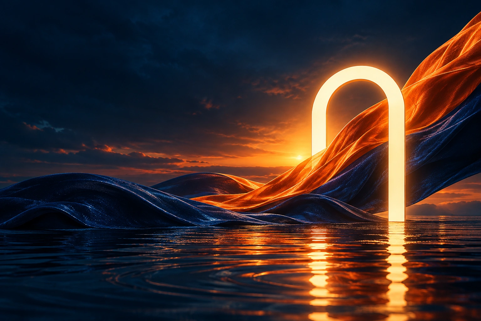 A warm glowing arch above blue water, with flowing orange and navy fabric.