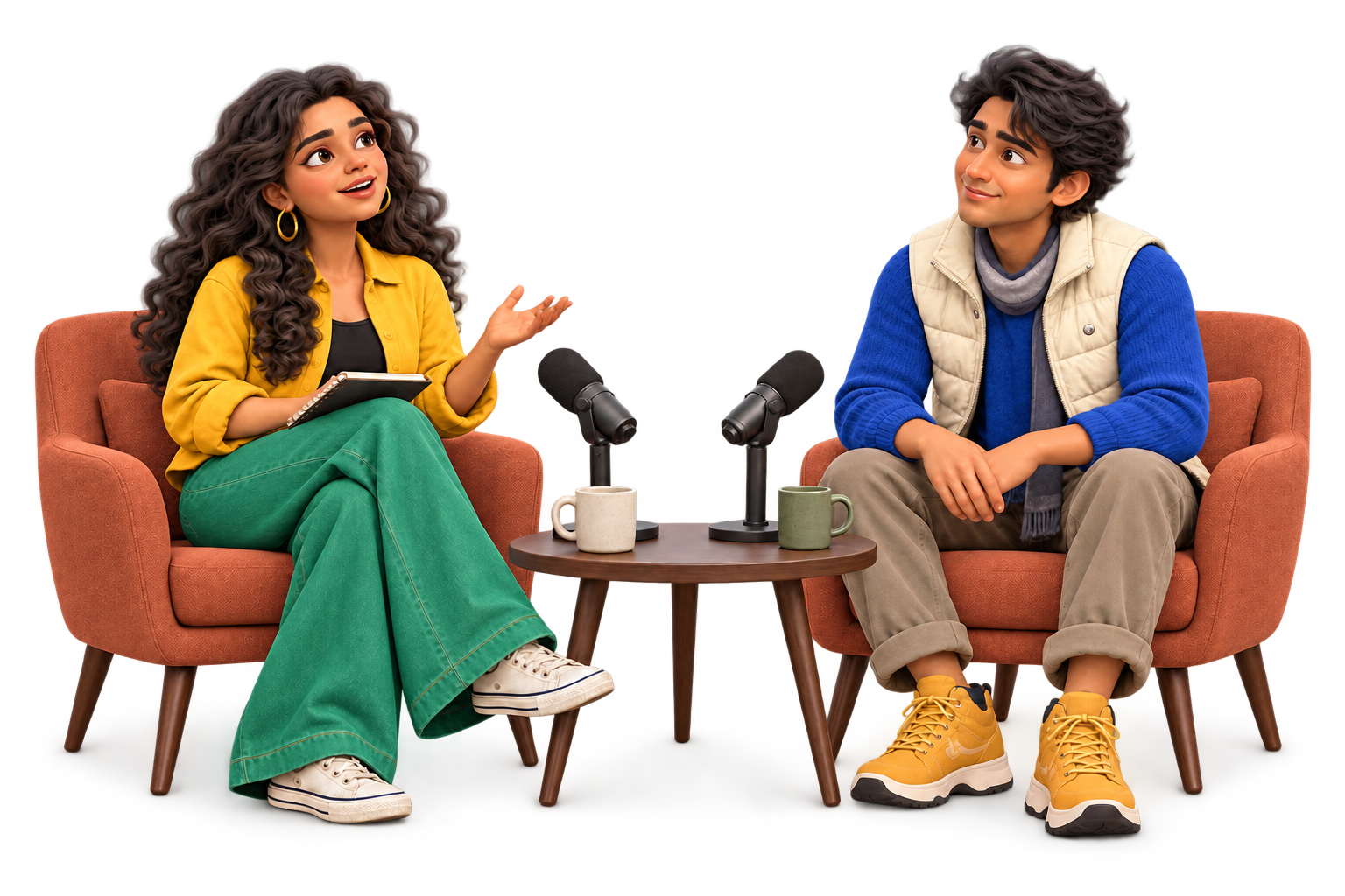 Two illustrated conversation partners seated facing each other beside a table with podcast microphones.